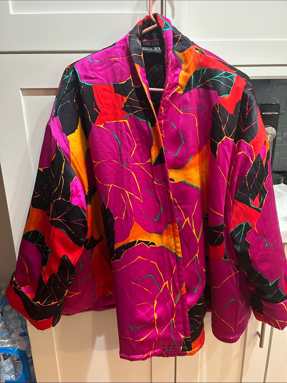 Vibrant Floral Print Satin Jacket - Fuchsia & Black